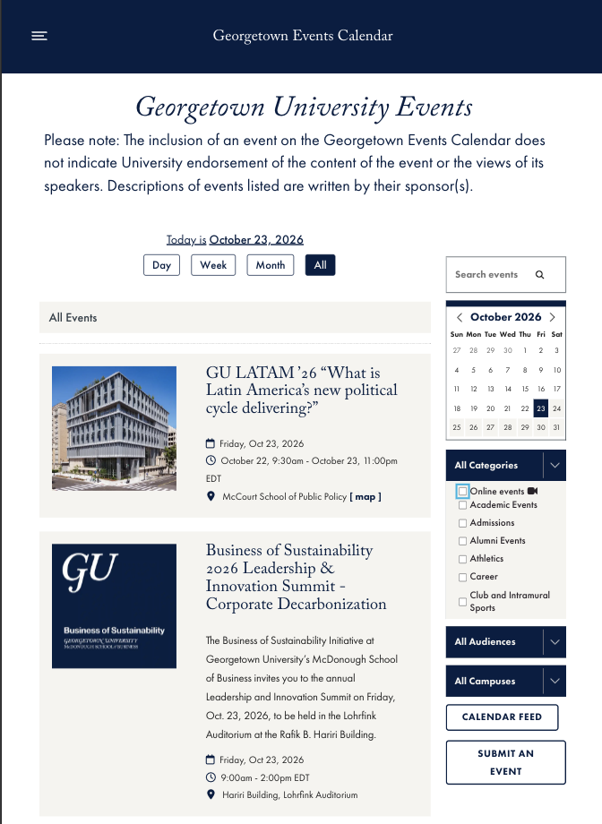 Georgetown University Events Calendar